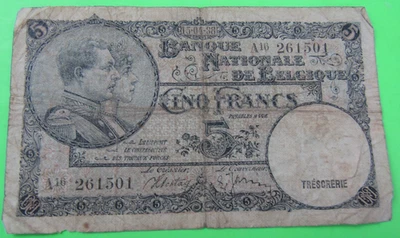 BELGIUM, 5 FRANCS, P#108a, 1938 - Image 1 of 2