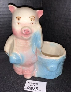 Shawnee Pottery Pig wearing Overalls Cactus Planter Pink Blue Ceramic Vintage - Picture 1 of 6