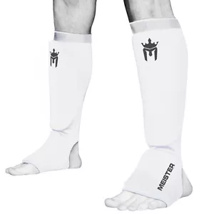 MEISTER ELASTIC CLOTH SHIN & INSTEP GUARDS - WT Muay Thai MMA Taekwondo Leg Pads - Picture 1 of 3