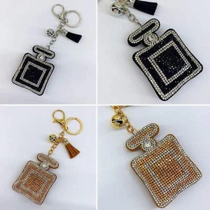 Key Chain Puffy Rhinestone Perfume Bottle With Tassel Gold Or Silver Finish - Picture 1 of 6