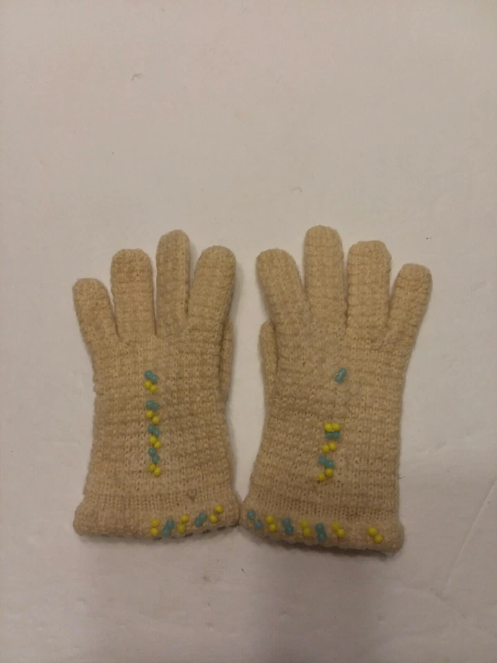 Vintage Children Toddler  Knit Gloves with Beads Estate Find - Image 1 of 4
