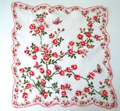 VINTAGE HANKY LOVELY FLORAL PRINT RED ROSES ON THORN BUSHES & BUTTERFLIES PINK - Image 1 of 4