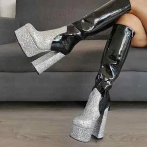 Women Knee High Boots Round Toe Platform Patchwork Thick High Heels Side Zip Up - Picture 1 of 10