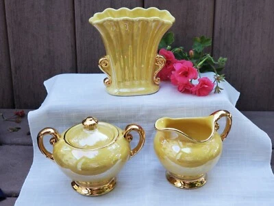 OLD WARRANTED 22 K GOLD SET CREAMER, SUGAR BOWL W/Lid & VASE YELLOW LUSTERWARE  - Image 1 of 4