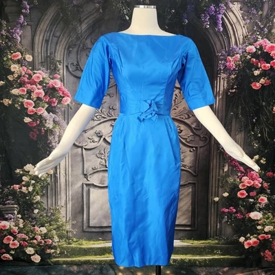 Vestido vintage años 50 60 azul brillante media manga floral roseta  Foto 1 de 4