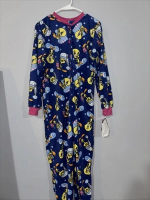 NWT Small Looney Tunes Fleece Tweety Bird Print Footed Footie Pajamas Dead Stock - Image 1 of 4