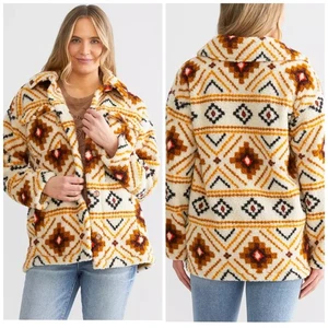 Billabong Fairbanks Women XS Fleece Sherpa Shacket Aztec Southwest Button Jacket - Picture 1 of 11