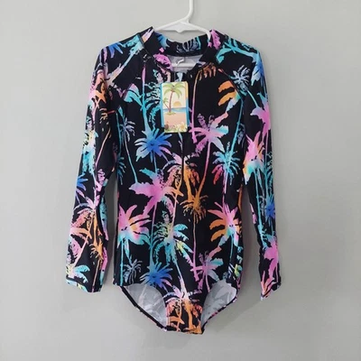 Traje de baño Rashguard de una pieza para niñas talla 12-14 negro multicolor palmeras EE. UU. Foto 1 de 4