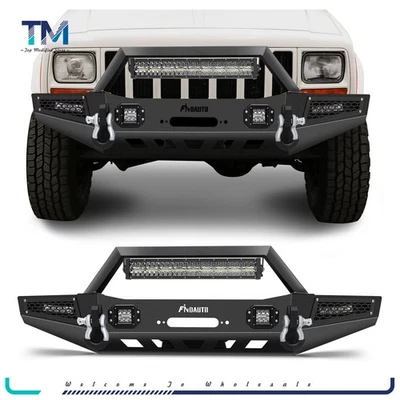 Parachoques delantero con placa de cabrestante y luces LED y anillos en D para Jeep Cherokee 1983-2001 Foto 1 de 4