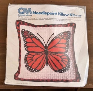 Vintage Columbia Minerva Needlepoint Pillow Kit “Monarch Butterfly” 14x14 1976 - Picture 1 of 2