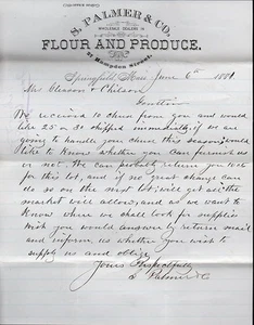 Vintage 1881 S.Palmer & Co. Produce Hand Signed Letterhead - Springfield Mass - Bild 1 von 1