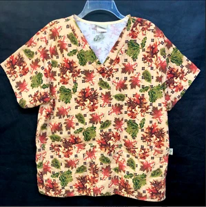 Tafford Flannel Cotton Scrub Shirt Medium Fall Autumn Leaves Harvest Nurse Vet - Picture 1 of 10
