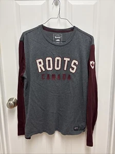 ROOTS Canada Gray Red Adult XS Spell Out Maple Leaf Logo Long Sleeve T Shirt - Picture 1 of 8