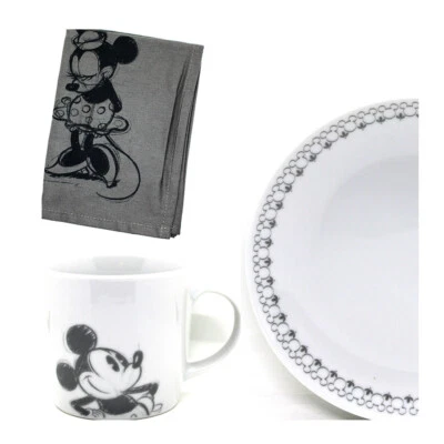 3tlg. Disney Micky Maus Kaffeebecher Tasse | Teller | Minnie Geschirrtuch Grau - Bild 1 von 4