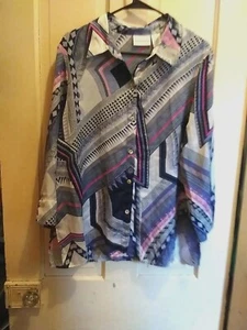 Alfred Dunner Woman Blouse Blue Pink Geometric Button Up 3/4 Sleeve Top Size 16 - Picture 1 of 10