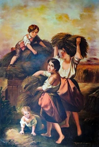 Family Farm Harvest Children Helping Wheat Classic 24X36 Oil Painting STRETCHED - Picture 1 of 3