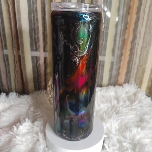 Handcrafted Tumbler Black Silver with Rainbow Foil Stainless Steel 20oz Skinny - Picture 1 of 9