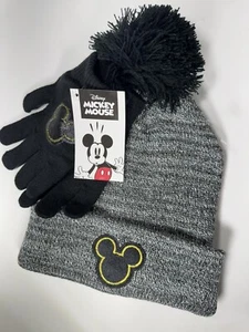 Disney Mickey Beanie & Gloves Set Kids Gray Knit Winter Cuffed Pom Hat Cozy - Picture 1 of 6