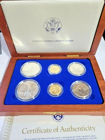 1986 Statue Of Liberty Ellis Island Proof & UNC 6 Coin Silver & Gold Set, COA Cover