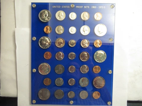 1963-1972 (7 sets 5 w/silver)  Proof Sets, acrylic holder Cover