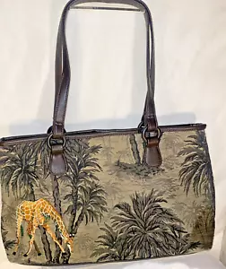 GIRAFFE Tropical Safari Jungle Shoulder Tote Handbag Large 16"" Wide - RARE - Picture 1 of 19