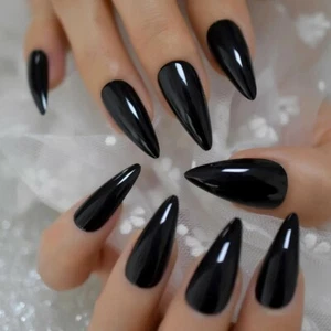 Lange schwarze Stiletto Press On Nails glänzend Goth Wetlook Vinyl - Bild 1 von 8