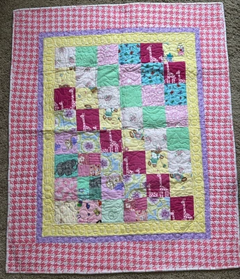 Edredón de franela hecho a mano para bebé niña - patchwork rosa safari NUEVO - 37" x 45" Foto 1 de 4