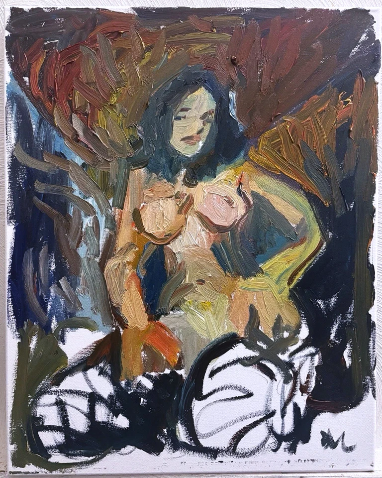 Pintura al óleo retrato niña tocador interior 16"x20" lienzo original firmado BVC Foto 1 de 3