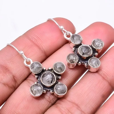 Black Rutilated Quartz 925 Sterling Silver Earring 1.56" E2281, Christmas Gift - Image 1 of 4