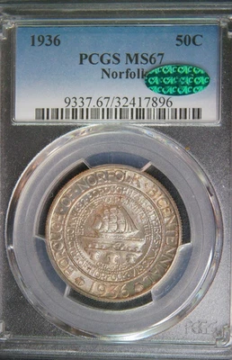 1936 Norfolk Commemorative Half Dollar - PCGS MS 67 w/CAC - Beautiful Coin!! - Image 1 of 4