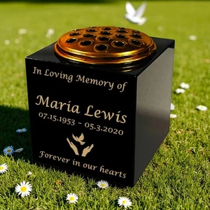 Personalised Granite Memorial Vase – Hands with Dove Design –Free Gold Engraving - Picture 1 of 6