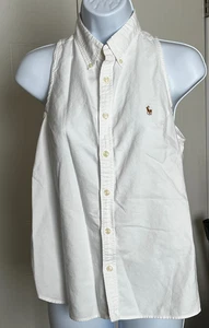 LAUREN RALPH LAUREN BLUE LABEL WOMEN'S WHITE SLEEVELESS COLLARED BUTTON SHIRT L - Picture 1 of 9