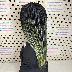 Box Braid Black Green Ombre Handmade Glueless Hand Braided Lace Closure Wig - Picture 1 of 10