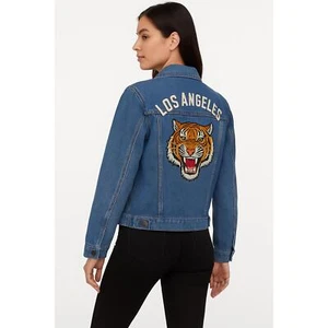 Boom Boom Jeans Blue Denim Tiger Embroidery Los Angeles Varsity Jacket Medium - Picture 1 of 10