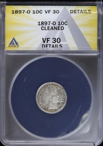 1897 O 10C Barber Dime ANACS VF 30 Details Cover