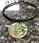 Artisan Crafted Large Rainbow Abalone Shell Medallion Black Beaded Necklace