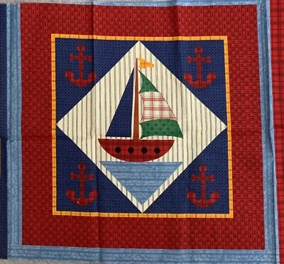 Cut And Sew Nautical Fabric Pillow Panels Sailboat Anchor With Border Cranston - Image 1 of 4