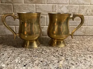 Antique 2 Vintage Solid Brass Lined Tankard Cup Mug 5" x 5" INDIA - Picture 1 of 8