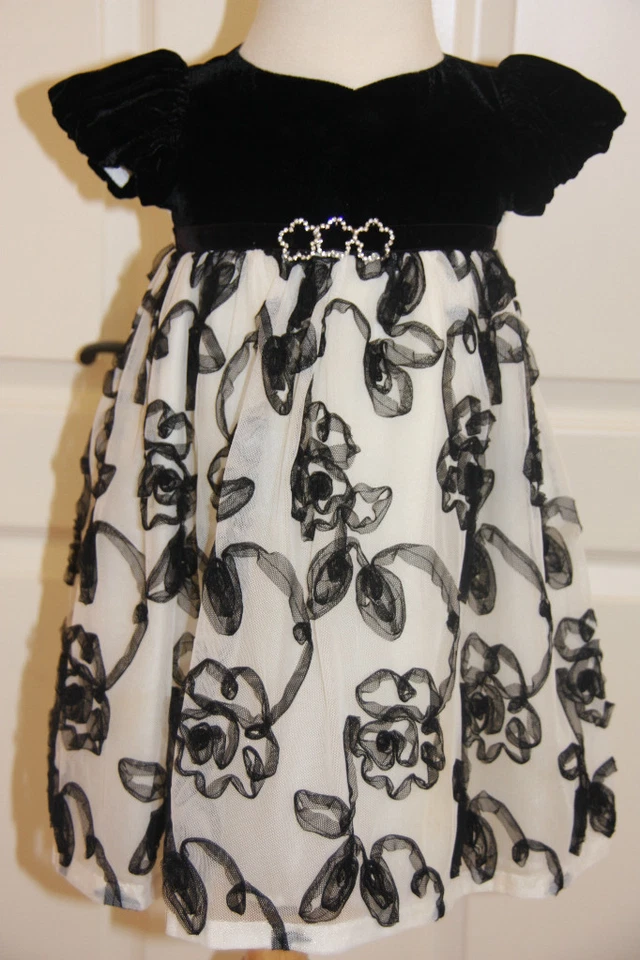 Vestido Biscotti 18m 18-24m Niñas Pequeñas Blanco y Negro Vacaciones Tul Terciopelo GEMELOS Foto 1 de 2