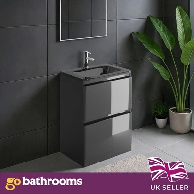 THE BATH PEOPLE 600mm Floor Standing Grey Vanity Unit Integrated Handles & Grey Glass Basin