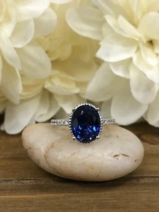 4.50Ct Oval Cut Lab Created Blue Sapphire Engagement Ring 14K White Gold Plated - Picture 1 of 11