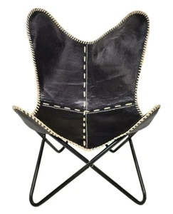 Black Leather Vintage Relax Arm Butterfly Chair Folding Seat Modern Sling Lounge - Picture 1 of 7