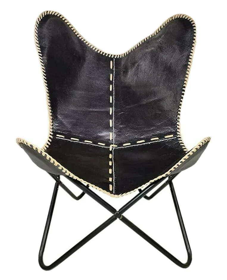 Silla De Mariposa Vintage De Cuero Negro Plegable Relax Moderno - Imagen 1 de 4