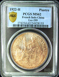1922-H FRENCH INDO CHINA PIASTRE DOLLAR PCGS MS62 BRILLIANT LUSTER, COOL TONING