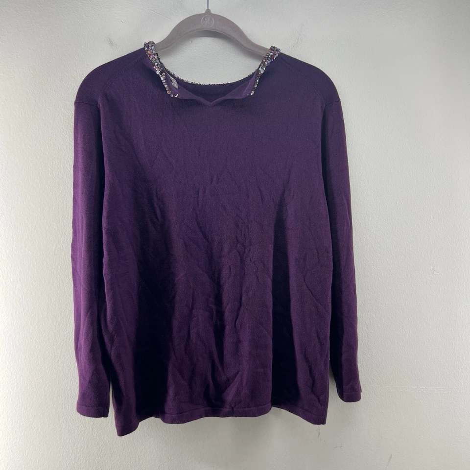 Kate Hill Sweater Womens L Purple Silk Blend Round Beaded Neckline 3/4 Sleeve - Image 1 of 4