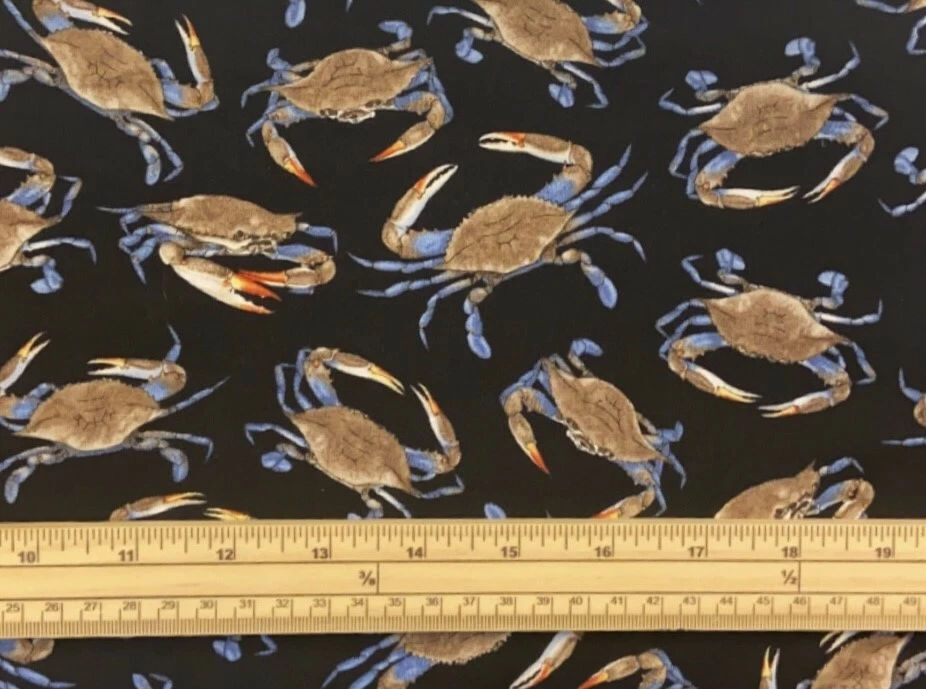 Fat Quarter Fishing Crabbing Crabs On Black 100% Cotton Quilting Fabric - Image 1 of 1