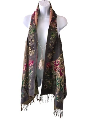 Chaleco Abierto Sin Mangas Mujer OS Tejido Flecos Maxi Reversible Pavo Real Hilos Dorados Foto 1 de 4