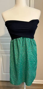 Soprano Strapless Dress Size Small Navy Blue Knit Bodice Green Print Skirt - Picture 1 of 5