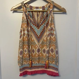 Rose + Olive Damenbluse bunte aztekische Racerback transparente Krawatte Tasseled, Größe S - Bild 1 von 9