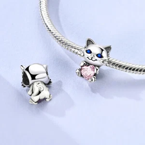 MULA European 925 Silver Plated Blue CZ Cat Heart DIY Charm For Women Bracelet - Picture 1 of 6